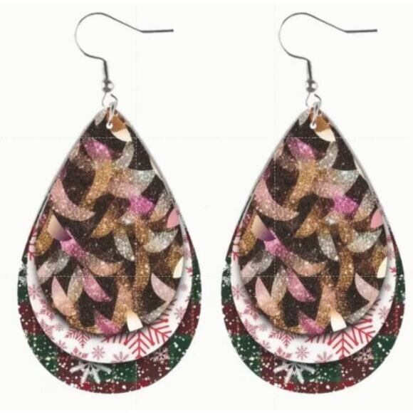 Set of handmade Christmas Teardrop Reversible PU Leather Hook Earrings C4, New! - Picture 2 of 3